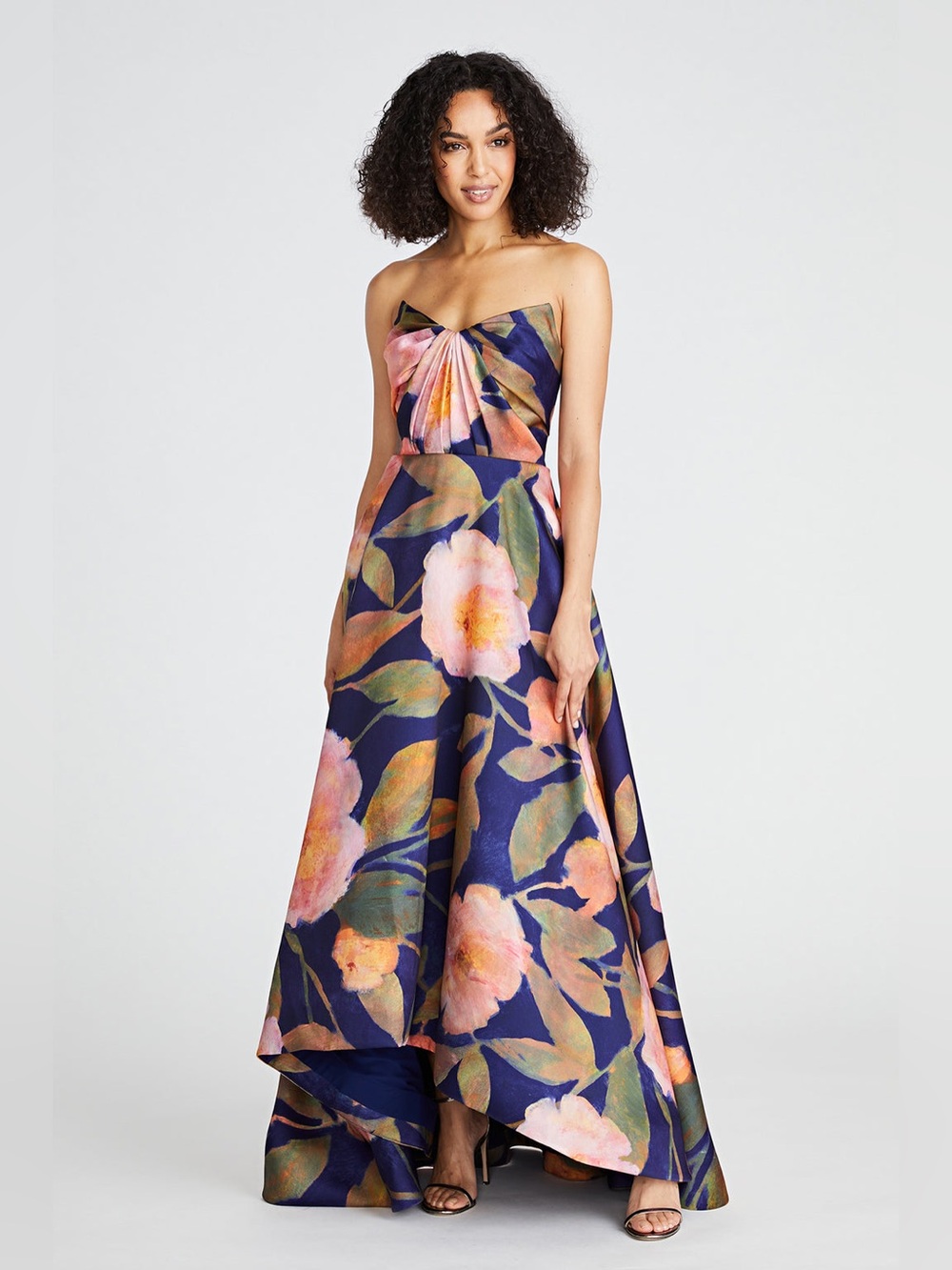 Theia Emilia Strapless Navy with Pink Floral High-Low Mikado Gown